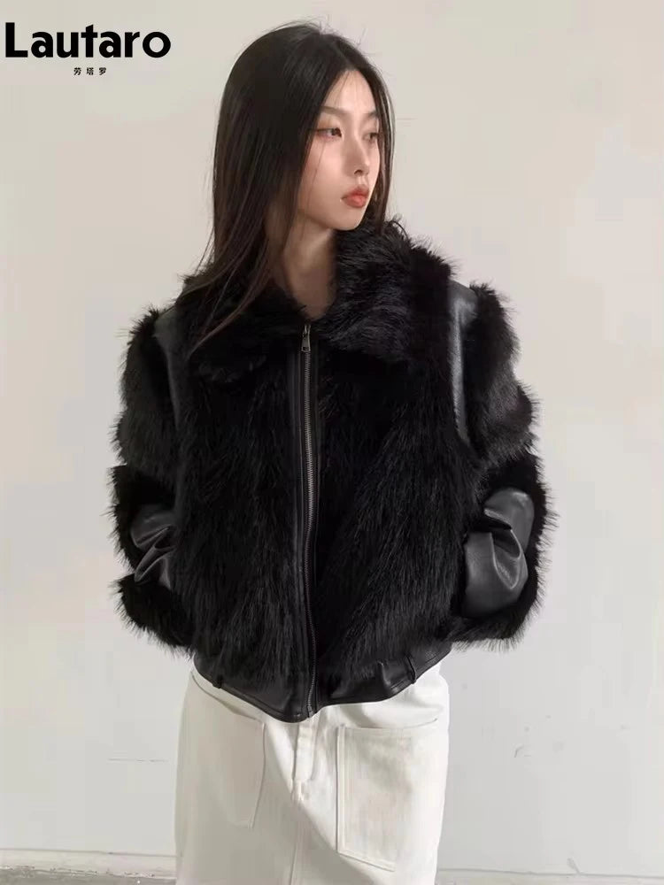 Lautaro Autumn Winter Cool Short Black Soft Thickened Warm Hairy Shaggy Patchwork Faux Fox Fur Coat Women Fluffy Jacket 2023