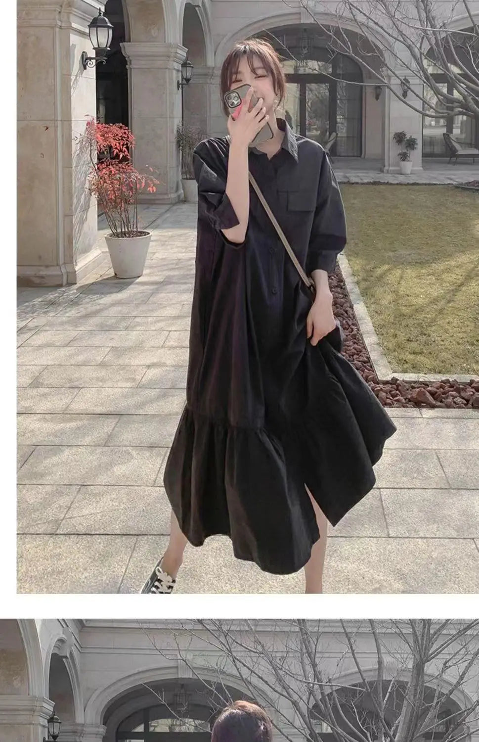 plus Size Khaki Shirt Dress Women Casual Summer Loose Fit High Waist A-Line Skirt Long Sleeve Polo Collar Polyester Fiber