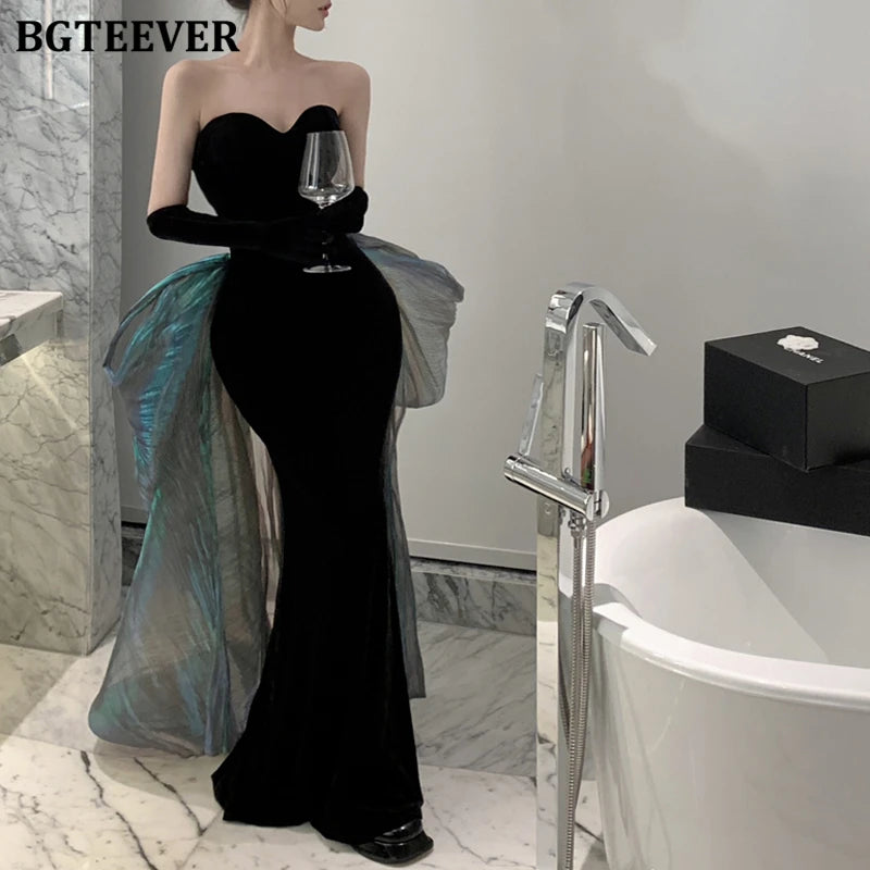 BGTEEVER Fashion Spring Ladies Sleeveless Party Velvet Dress Elegant Slim Waist Women Floor-Length Package Hip Strapless Dress