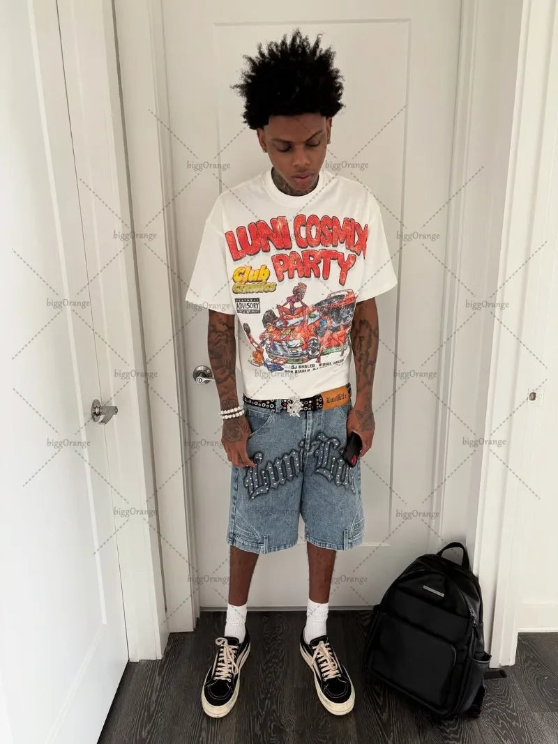 Summer Retro Letters Fashionable Loose Cotton White T-shirt Men American New Street Hip-hop Casual Oversized Short-sleeved Women