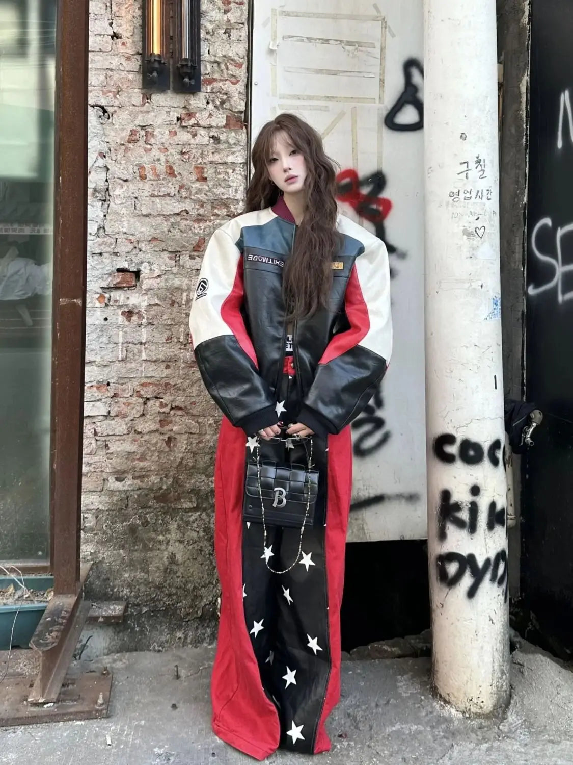 2025 Fall Winter Y2K Sweet Grunge Star Print PU Leather Patchwork Jeans Women Oversized Baggy Streetwear Wide Leg Pants