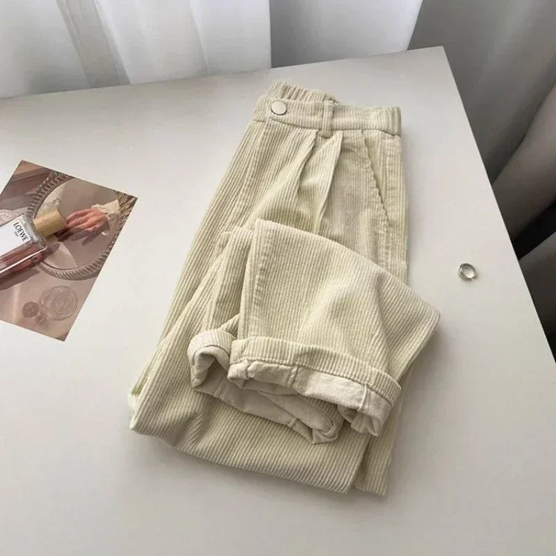 Vintage High Waist Corduroy Pants Women Spring Fall Straight Causal Full Length Trousers Korean Fashion Baggy All Match Pant New