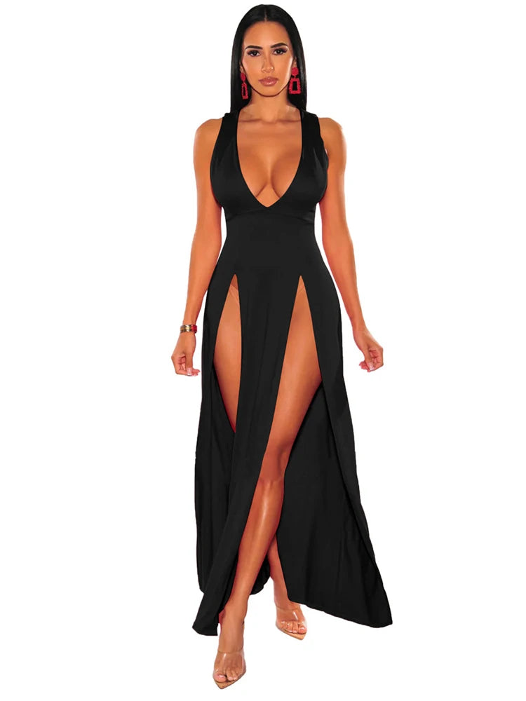 Womens Side Split Deep V Neck Bodycon Clubwear Maxi Vest Dress Sexy Sleeveless Bandage Slim Evening Cocktail Party  Long Dress