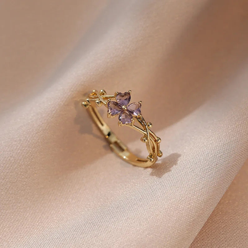 Ins Purple Zircon Flower Index Finger Rings For Women Gold Color Adjustable Charm Wedding Bands Girls Bar Party Jewelry Gifts CZ