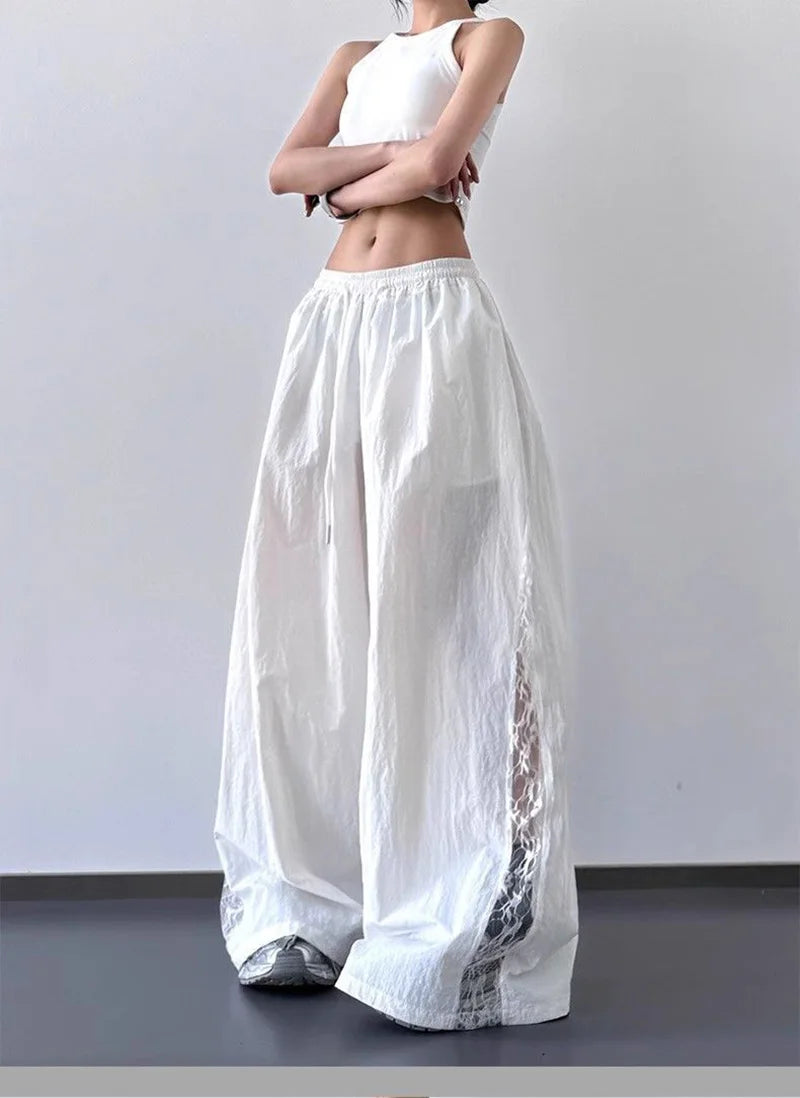 Jmprs Lace Patchwork Wide Leg Pants Women Oversize Streetwear High Waist Vintage Trousers Korean Casual Summer Sweet Retro Pants