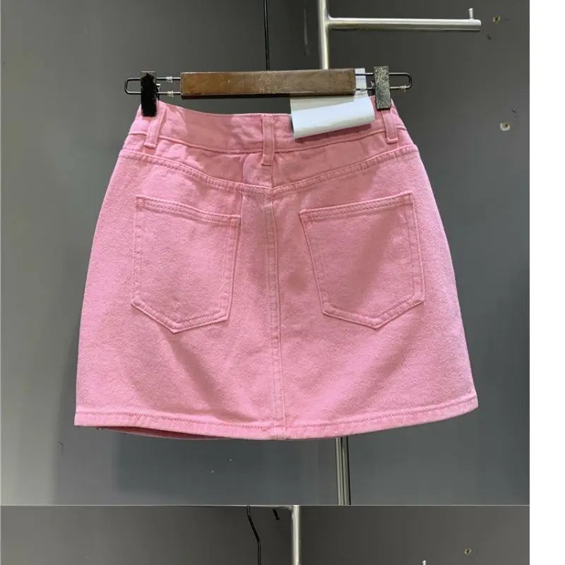 Heavy Industry Hot Drilling High-End Denim Skirt 2024 Spring And Summer New High Waist Pink Sexy A-Word Skirt