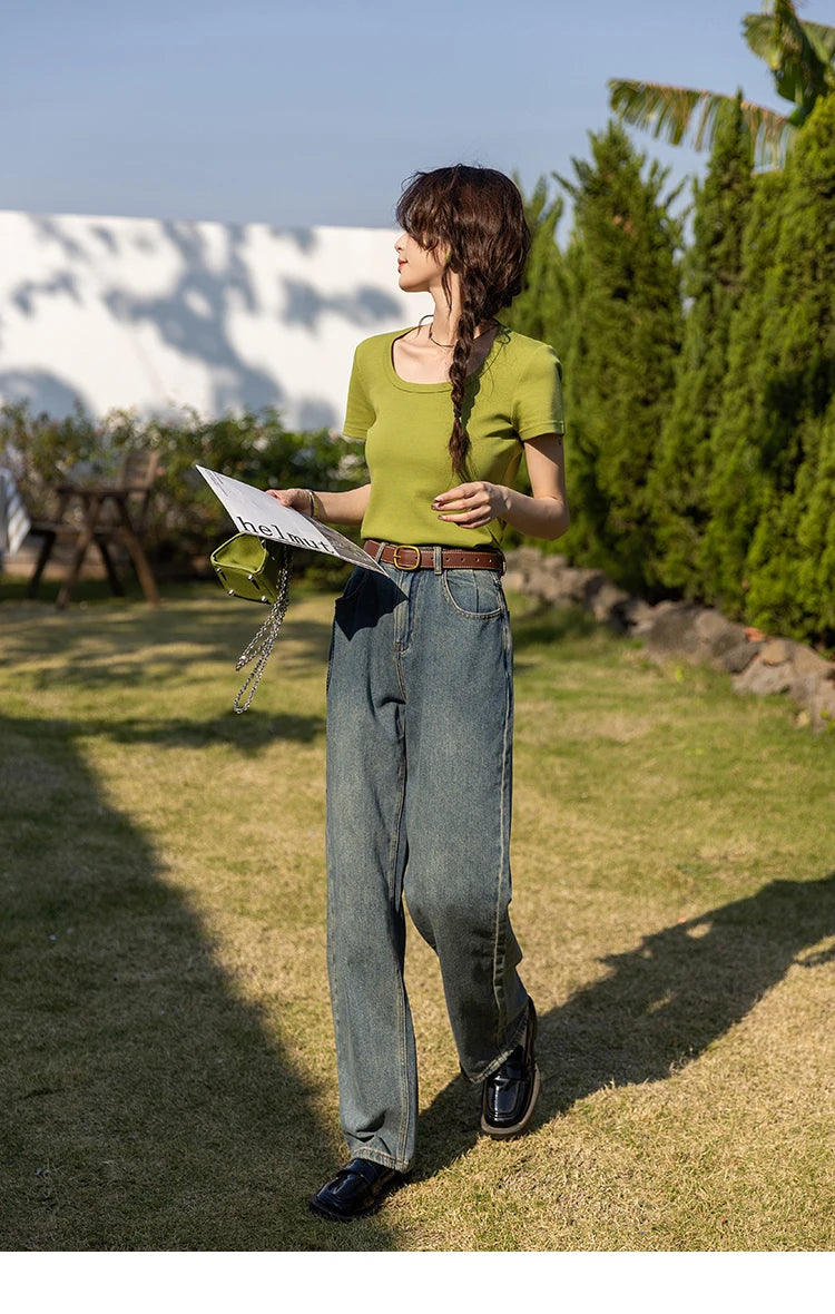 MISHOW Short Sleeve T-shirts Women Spring Solid Square-neck Top Elegant Woman Clothes Office Lady Cotton Tees MXC12T0641