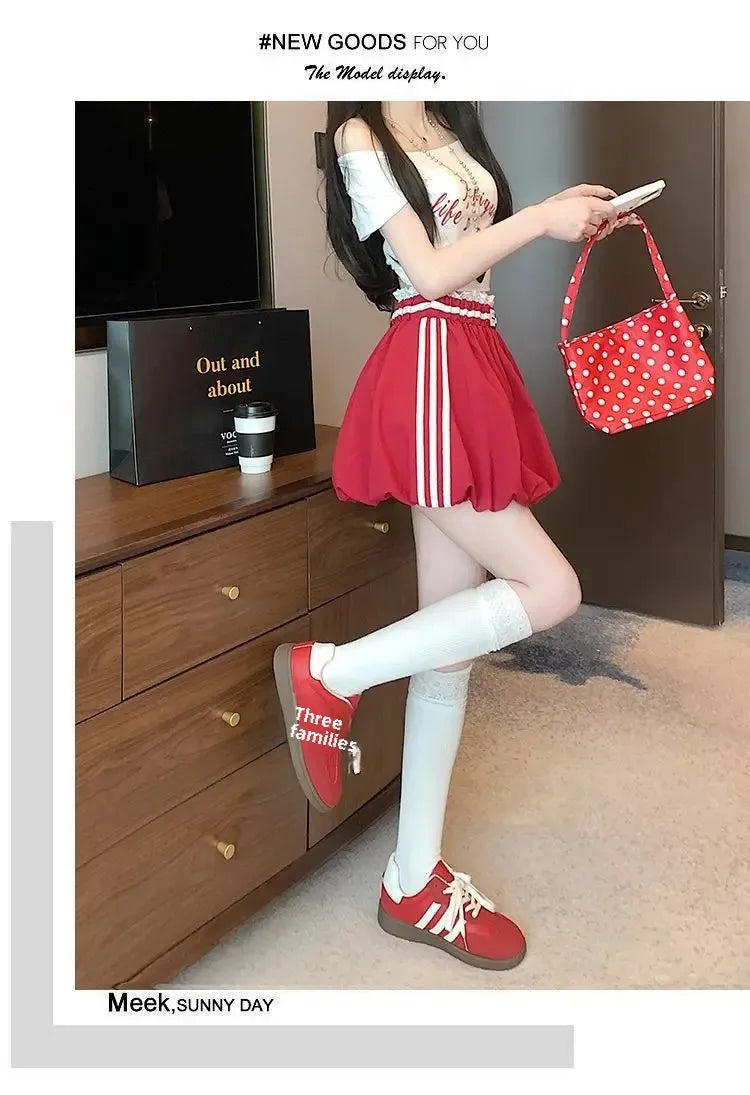 American Style Spliced Lace Stripe High Waist Half Skirt Women Summer Anti Exposure Flower Bud Puffy Short Skirt Polyester Fiber