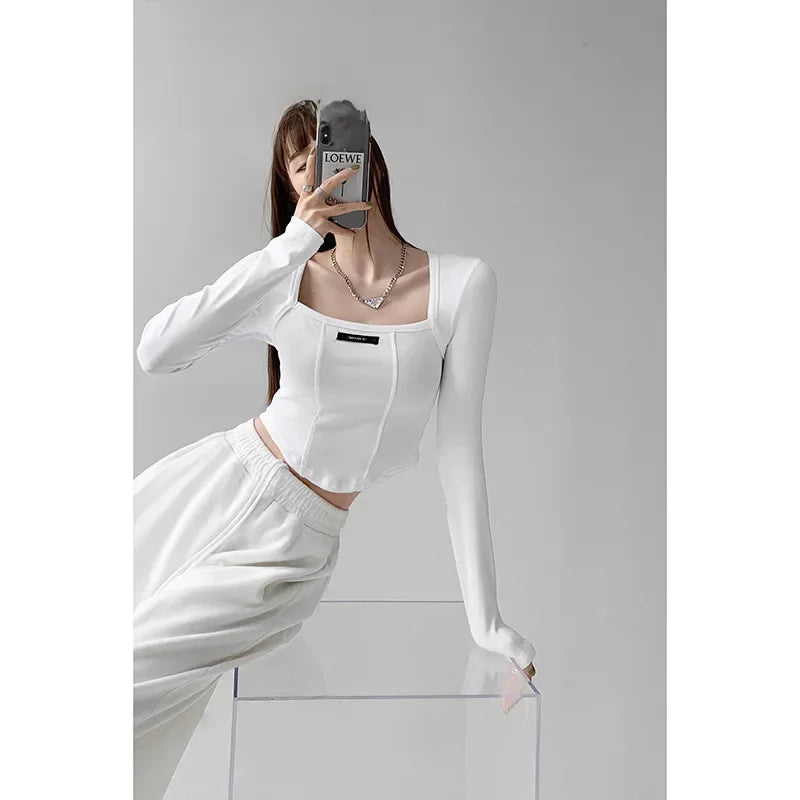 American Style Fishbone Design Sensibility Base Layer Top Women's Cropped Long Sleeve T-shirt Trendy Square Collar Clavicle Top