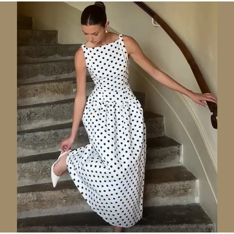 Elegant Women Polka Dot Maxi Dresses Chic Sleeveless Round Neck High Waist Slim Long Vestidos 2025 Lady Party Street New Dress