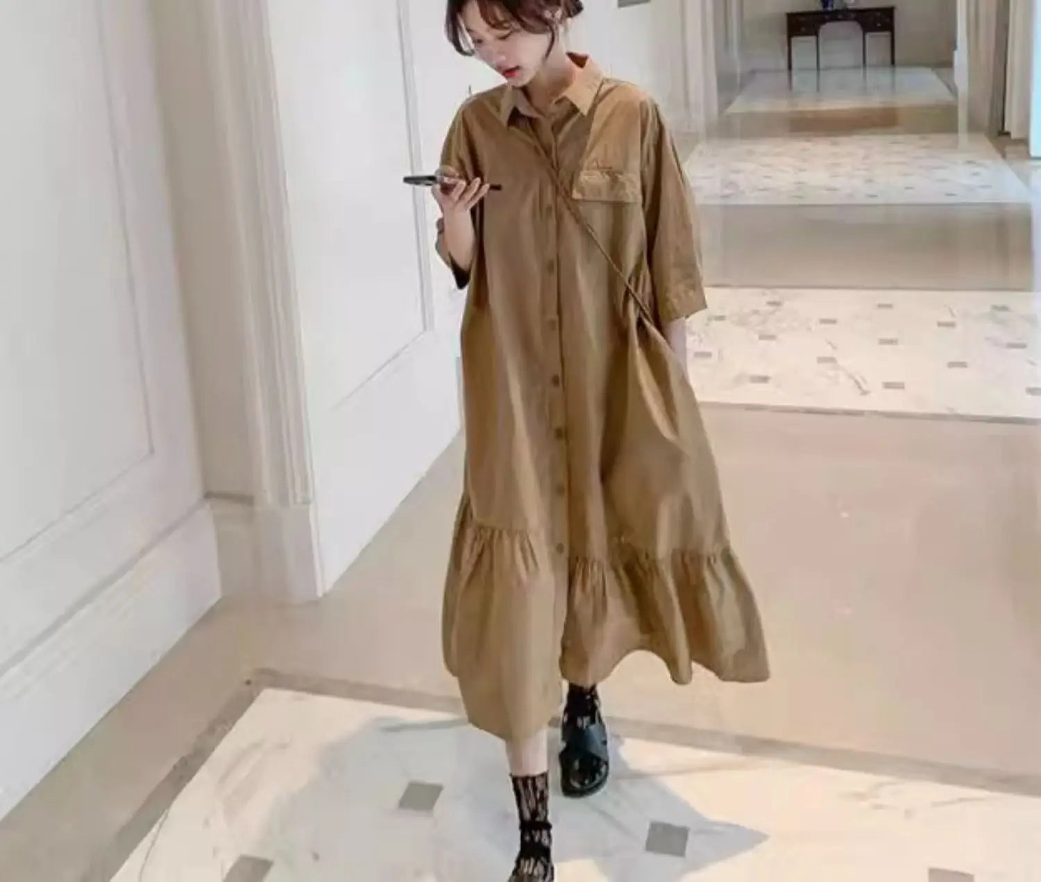 plus Size Khaki Shirt Dress Women Casual Summer Loose Fit High Waist A-Line Skirt Long Sleeve Polo Collar Polyester Fiber