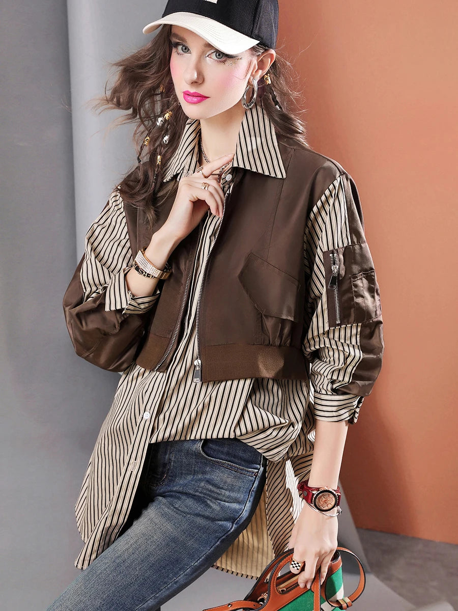 High Quality Loose Fake Two Piece Mid-Length Women's Casual Striped Shirt