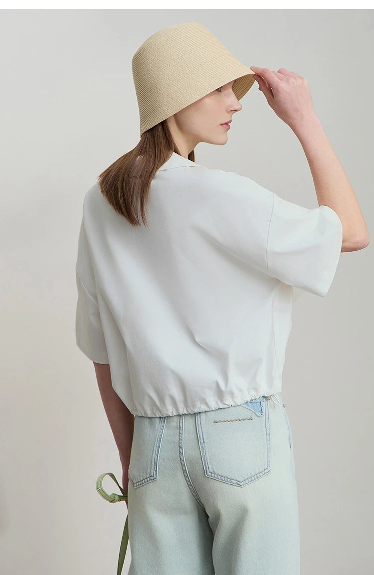 Amii Minimalist Cotton T-Shirts For Women 2025 Summer New V-Neck Pullover Loose Short Shoulder Sleeve Chic Commute Tops 12552001