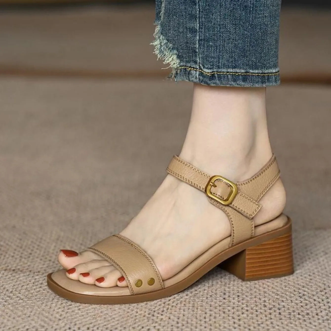 Women Sandals Summer Real Soft Leather Thick Heel Vintage Brown Sandals Women Cross One Line Strap High Heels Mary Jane Shoes