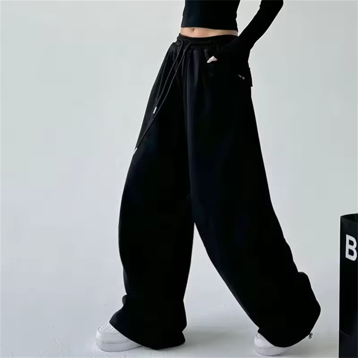 Fashion Vintage Y2K Baggy Pant Women Summer Wide Leg Elastic Waist Loose Pants Lady Solid Color Hip Hop Trousers Casual Clothing