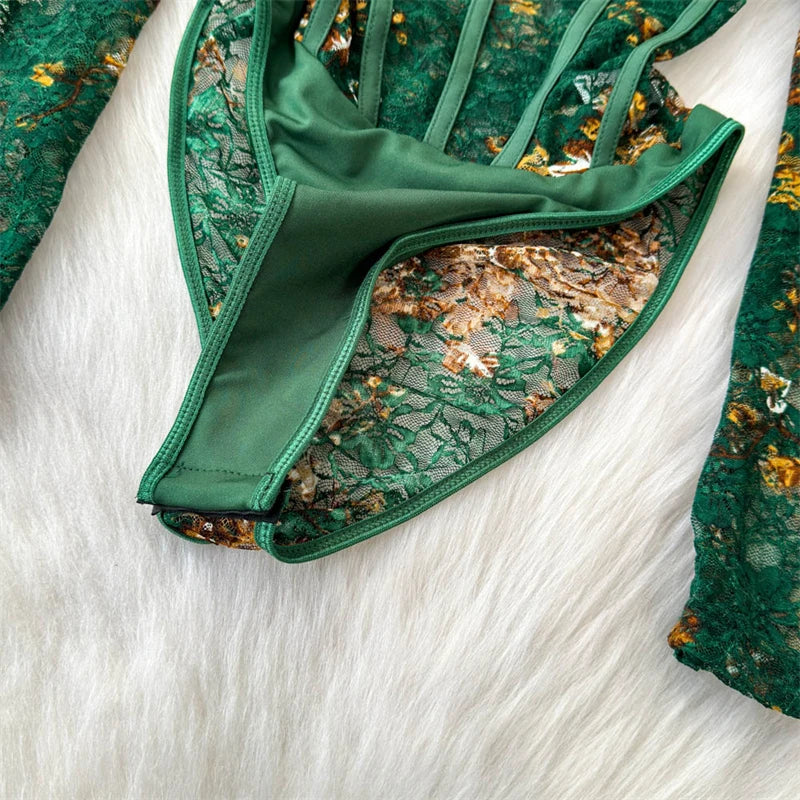 Women's Green Lace Jumpsuits Vintage Skinny Playsuits Harajuku Long Sleeve Square Collar Exotic Sexy Rompers Coquette Clothes