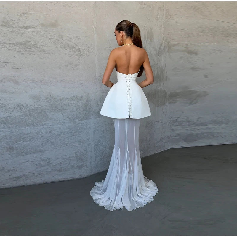 Elegant Lace Long Skirt Set Women Strapless Tube Top Short Dress Floor-Length Mermaid Skirts 2025 Summer Lady Party 2 Pieces Set