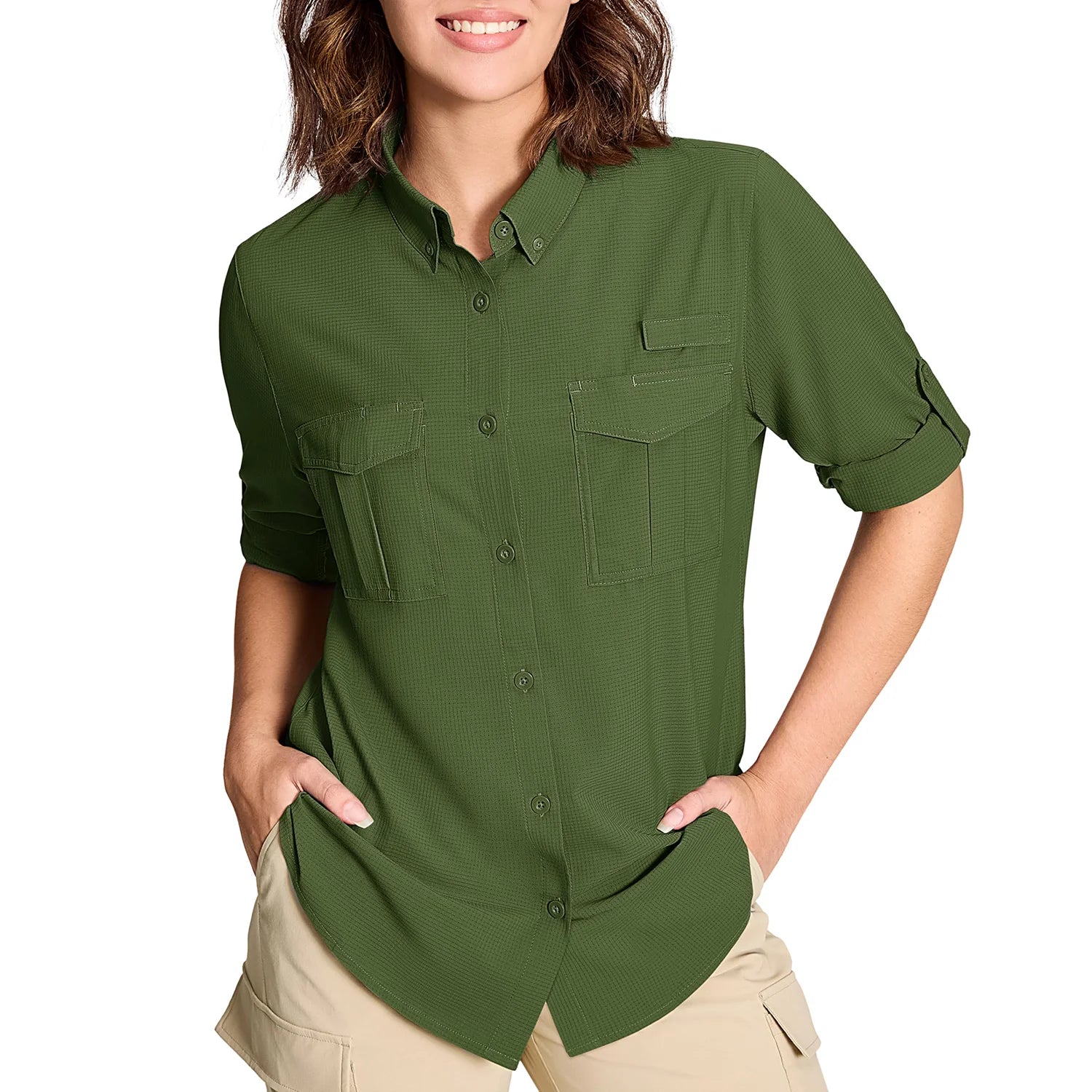 TACVASEN Womens UPF 50+ Fishing Shirts UV Block Quick Dry Long Sleeve Cargo Shirts Breathable Mesh Outdoor Trekking Hiking Shirt