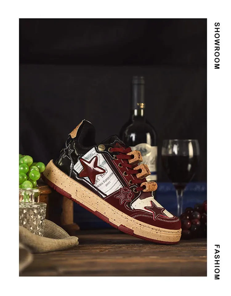 Trendy Red Wine Star Shoes 2024 Spring New Men's Casual Shoes Versatile Vintage Couple Shoes Male Genuine Leather Footwear