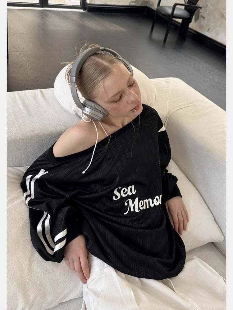 HOUZHOU Y2k Vintage Women Sweatshirts Sloping Shoulder Letter Printed Long Sleeve American Retro Hoodies Loose Gyaru Streetwear