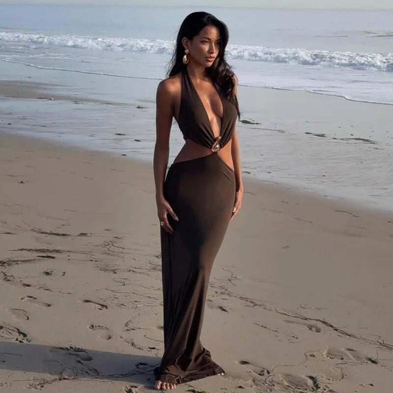 Hugcitar Women'S Fashion Halter Solid Hollow Out Backless Sexy Slit Maxi Dress 2025 Summer Clothes Beach Vacation Y2K Wholesale