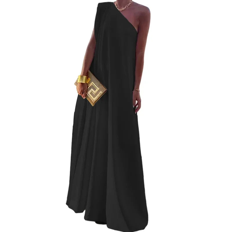 2024 Spring New Women's Fashion One Shoulder Solid Color Sleeveless Banquet Gown Long Dress Vestidos De Mujer