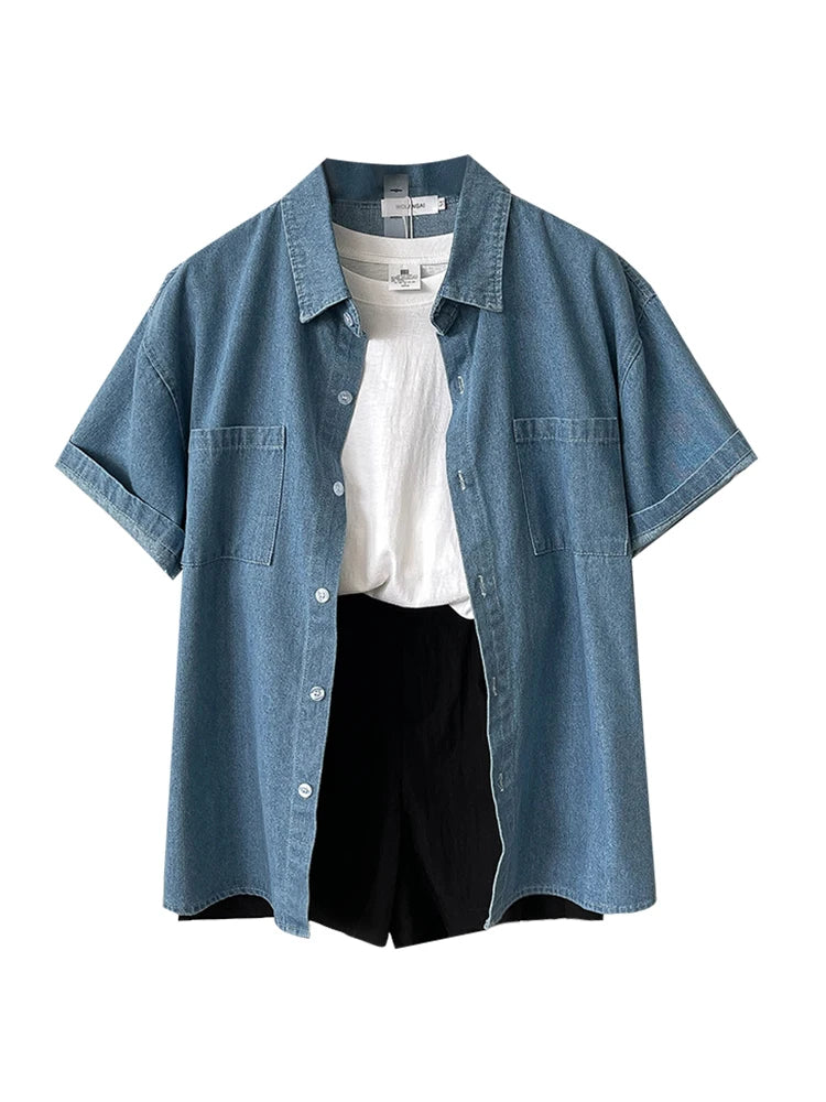 Retro Loose Denim ort Sve irt Bla Versatile Cotton Blend Korean Sle Women's Summer Faion White T-irt Bla orts