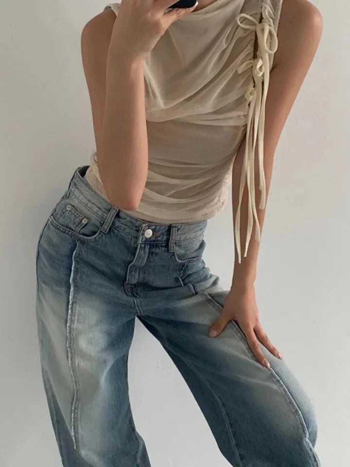 Tonngirls Vintage Tank Tops Women Sleevelss See Through Mesh Tops Streetwear Y2k Retro Crop Tops 2000s Korean Style Summer Tops