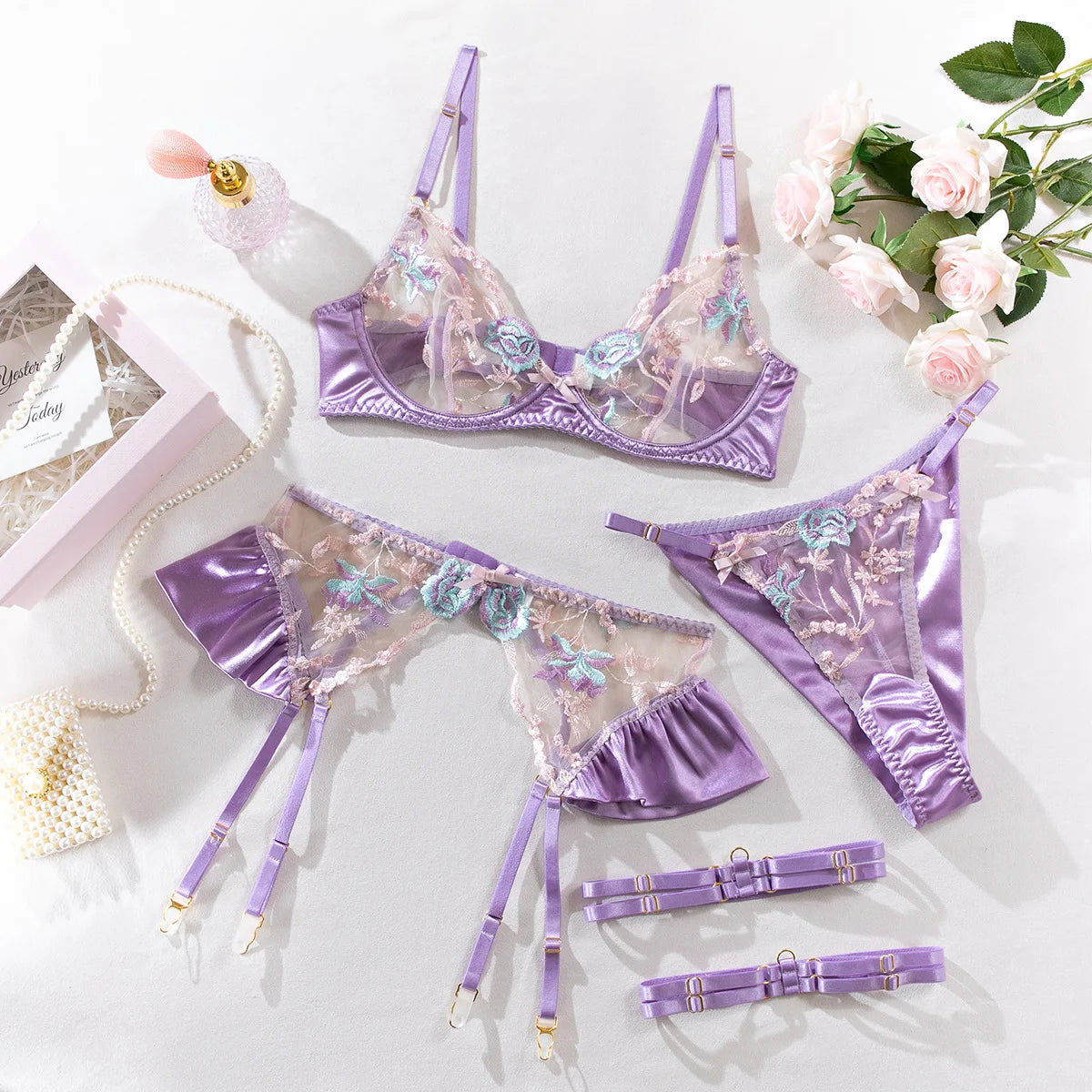 Sexy Lingerie Set Women Ruffle Embroidery Push Up Bra Sheer Thongs Garter Belt 4-Piece Erotic Underwear Transparent Outfits