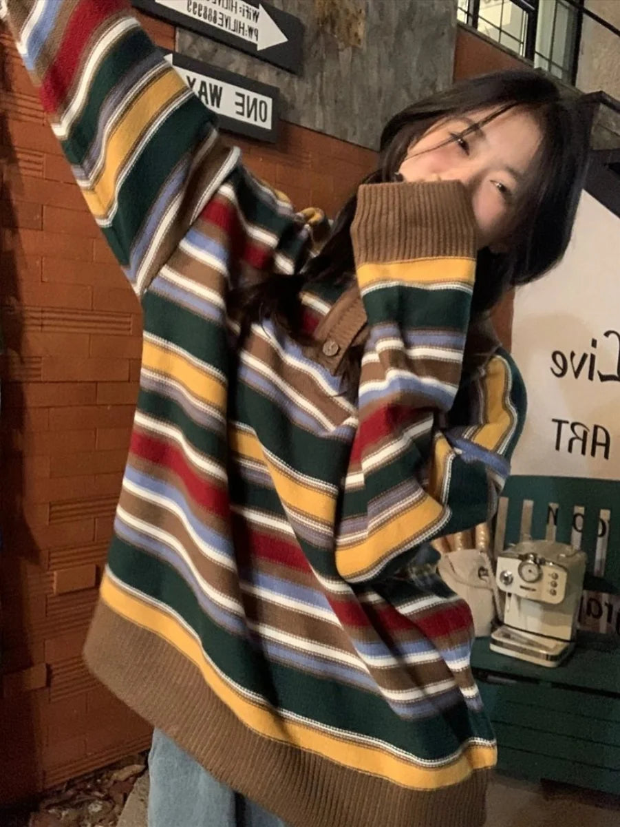 Retro Lazy Sle Women's  Ne Sweater Spring Autumn Loose  Stripes Knitted Top Comfortable Breathable Warmth