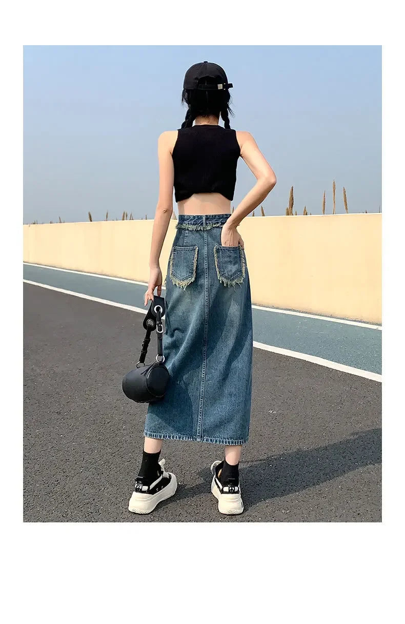 Fashionable Denim Skirt For Women High-waisted A- line Hip Covering Long Dress Casual Style Perfect For Summer 2024