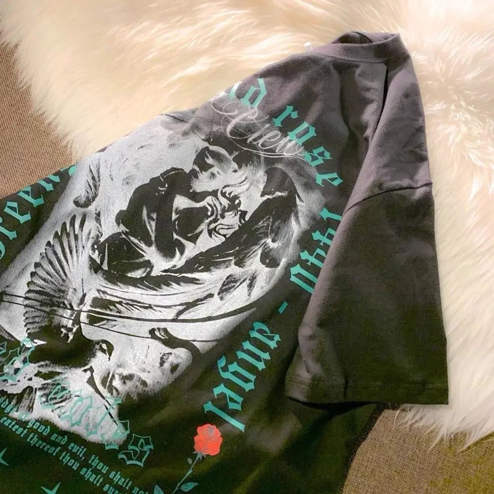 Summer Gothic Retro Print Graphic T shirt Top Fashion Y2K Men and Women Street Hip Hop Harajuku Loose Oversized T shirt