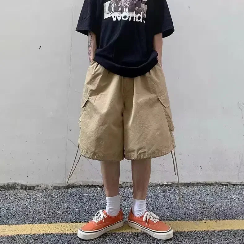 Loose Casual Men's Workwear Shorts Summer Wide Leg Drawstring Five-Quarter Pants Retro Japanese Style Outerwear Shorts