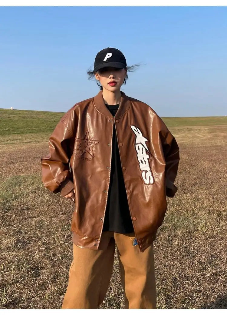 American retro letter embroidery leather Jacket Coat women's Y2K street hip-hop trend baseball suit couple casual leather jacket