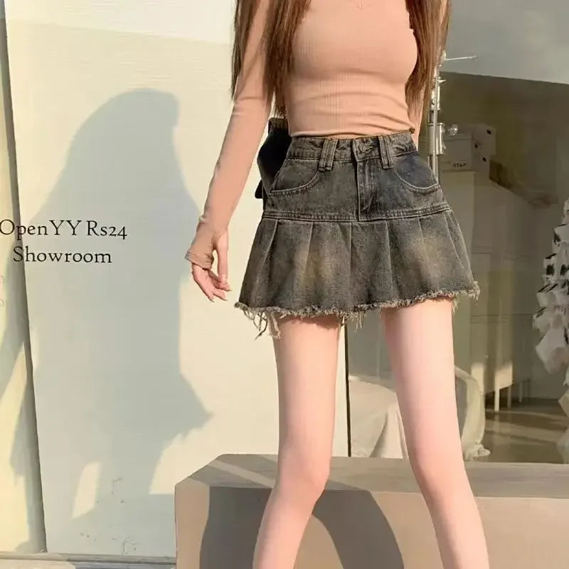 Vintage Fringe Design Slimming High-waisted Denim Skirt Women's Mini Dress Plenty Wrinkles For Summer