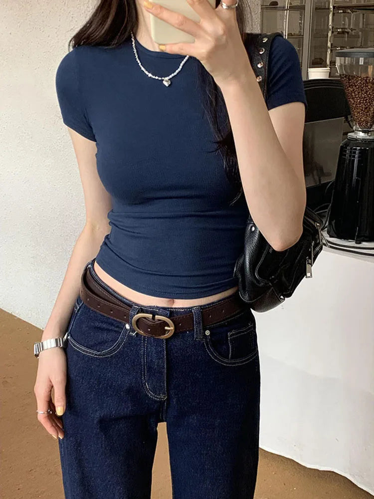Basic Solid Crop Top Short Sleeve Crewneck Skinny T-shirt Summer Casual Tee for Women y2k Vintage Top Harajuku Streetwear