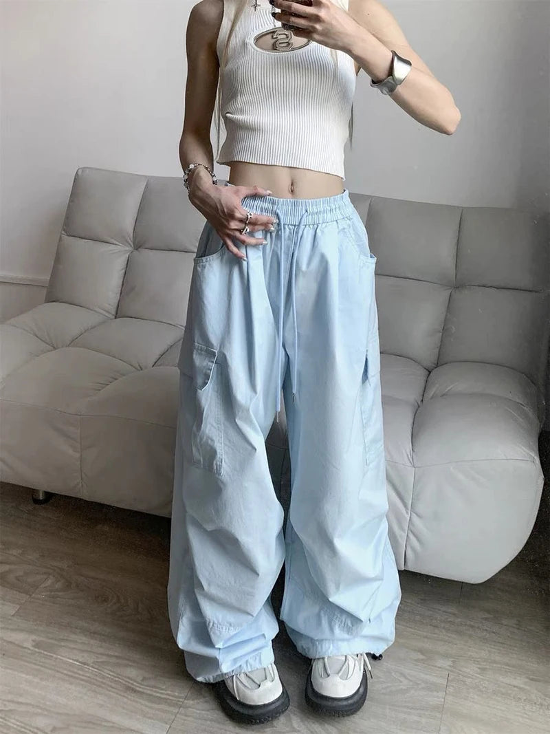 Zoki Loose Vintage Y2K Cargo Pants Women Streetwear American High Waist Trousers Casual Big Pockets Bf Retro Harajuku Pants New