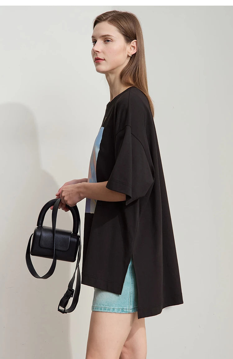 Amii Minimalist Summer T-shirt Women Irregular Design Tops Casual O-neck Abstract Print Loose Dropped Shoulder T-shirt 12522081