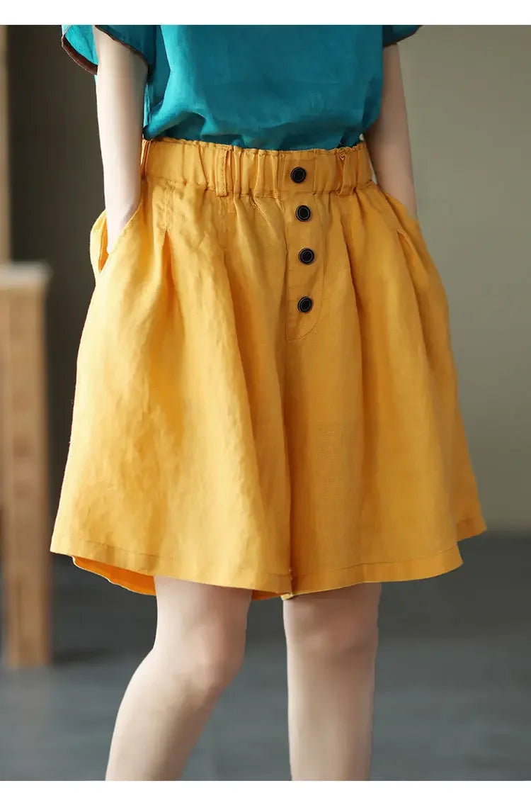 Vintageartistic High-waisted Slimming Cotton Linen Shorts For Women Casual Loose-fit Bell Bottoms 2024 New Style