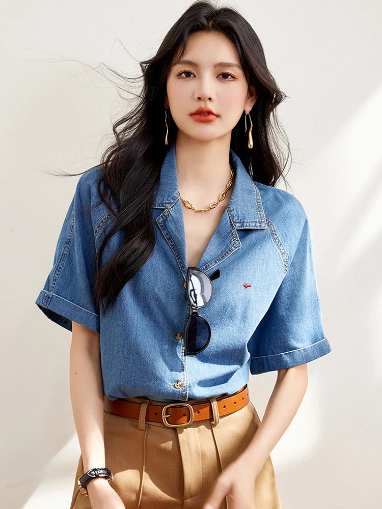 Casual Denim Shirts For Women 2024 Fashion Vintage Short Sleeve Loose Shirt Korean Style Single-Breasted Commuting Tops