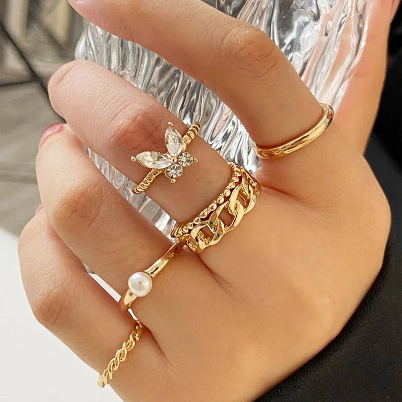 Vintage Shiny Zircon Butterfly Heart Ring Set Gold Color Boho Elegant Eyes Moon Geometric Rings Women Party Jewelry