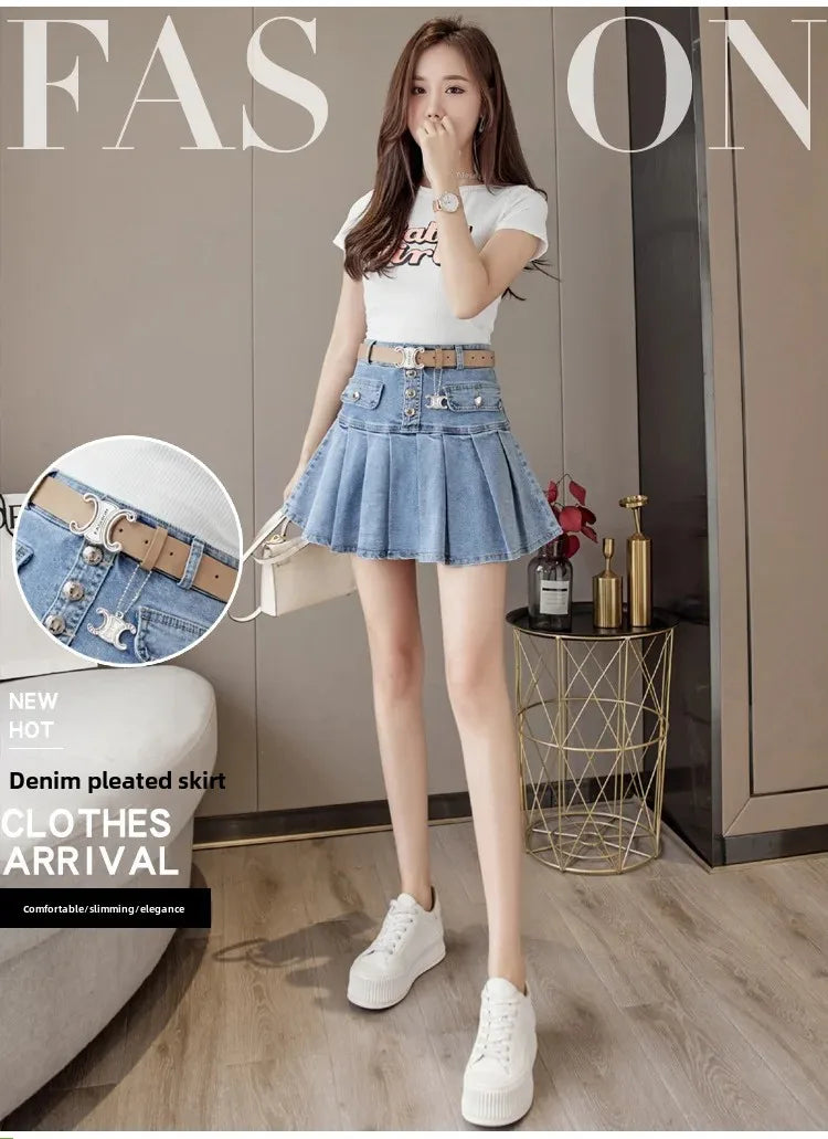 High-Waisted Denim Skirt Women's Slimming Mini Dress 2024 Spring Summer European Style Half Skirt Age-Reducing Fashionable Pleat
