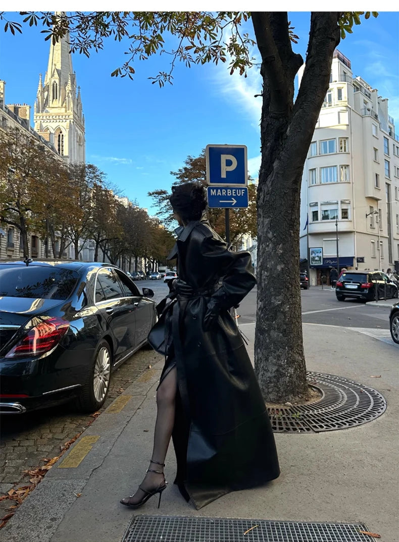 Lautaro Spring Autumn Extra Long Black Pu Leather Trench Coat for Women with Back High Slit Luxury Chic European Fashion 2024