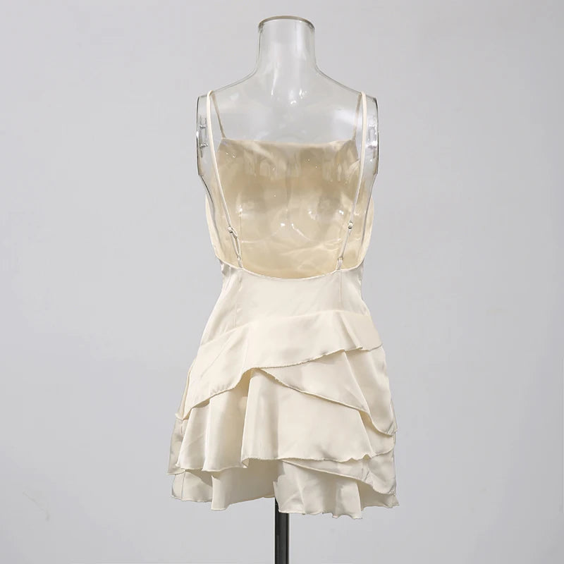 TWOTWINSTYLE Solid Spliced Ruffles Slimming Dresses For Women O Neck Sleeveless High Waist Temperament Mini Dress Female Fashion