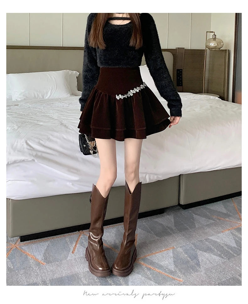 Bla Velvet Cake f Skirt Women's Autumn Winter High Waist A-Line Fluffy ort Skirt Small Size Pleated f Skirt