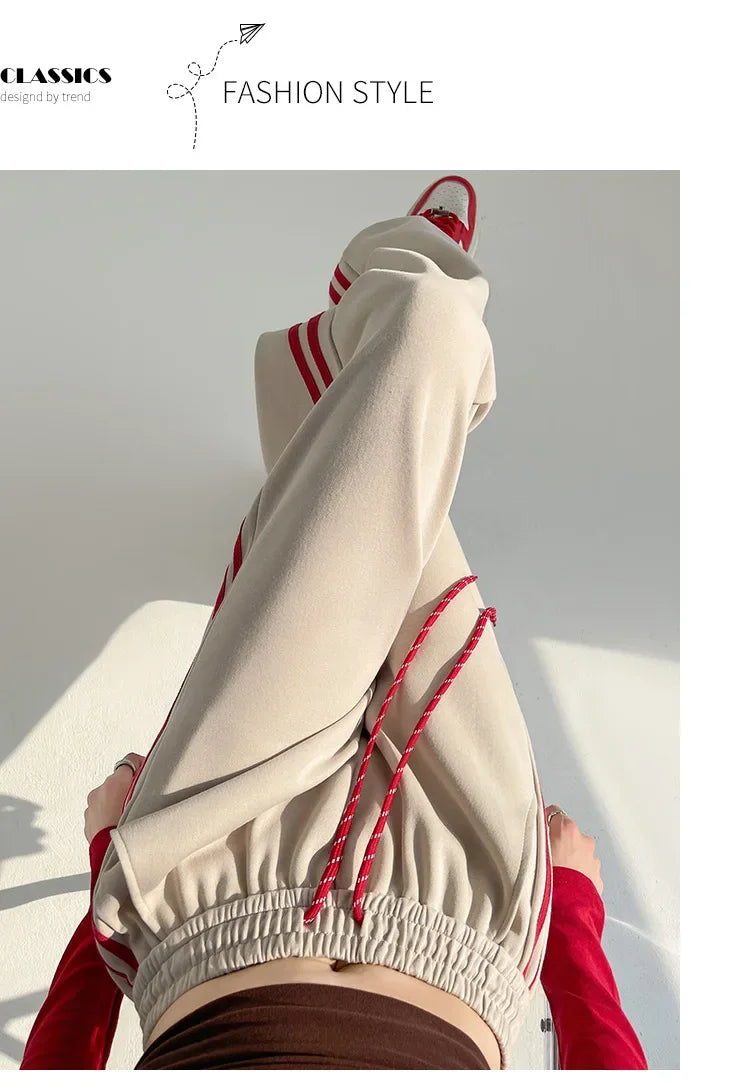 New 2025 American Stripe Sports Pants Women's Spring Autumn Wide Leg Loose Jazz Dance Casual Parachute Long Trousers