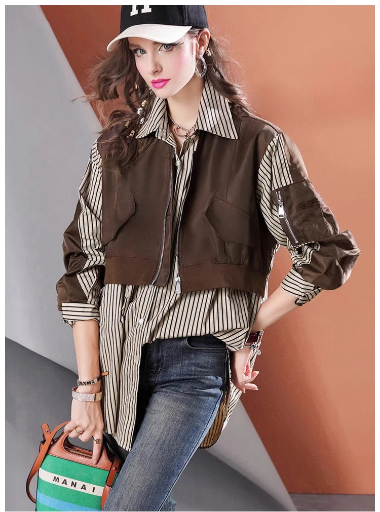 High Quality Loose Fake Two Piece Mid-Length Women's Casual Striped Shirt