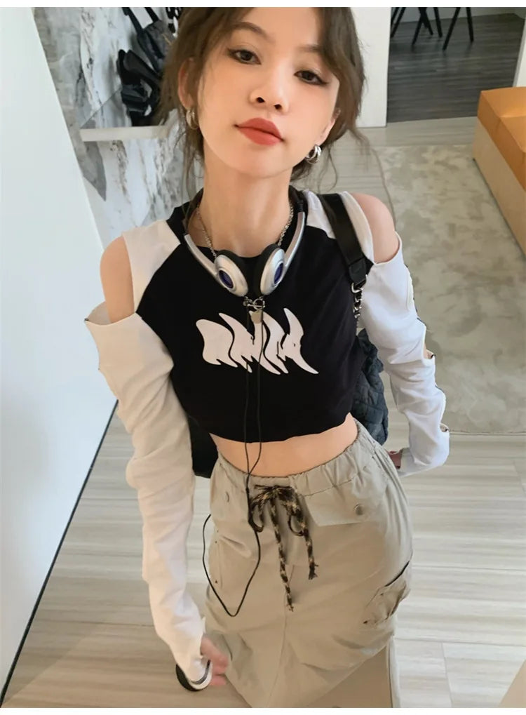 Female Off Shoulder Long Sleeve Tops European and American Sexy Women's Short Slim Navel Print T-Shirt Y2k Vintage Gothic Autumn