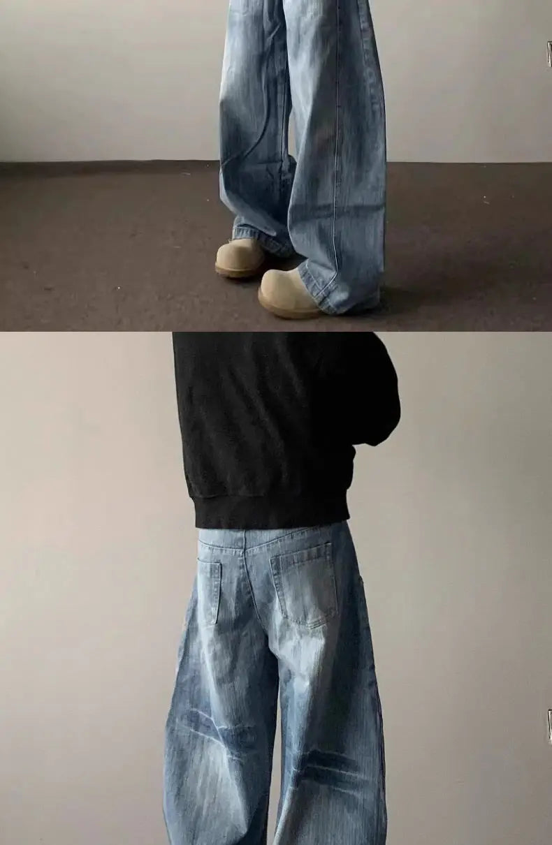 High street American men and women trendy hip-hop washed curved knife jeans for couples loose retro wide leg casual pants y2k