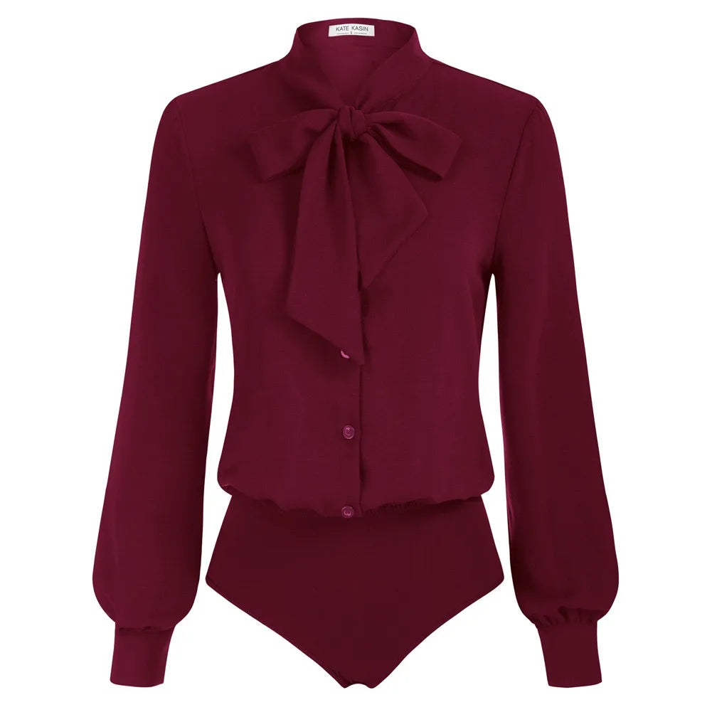 KK Women Bow-Knot Bodysuit Long Sleeve Elastic Waist Shirt Teddy Autumn And Winter Solid Streetwear Office Lady Elegant Jumpsuit